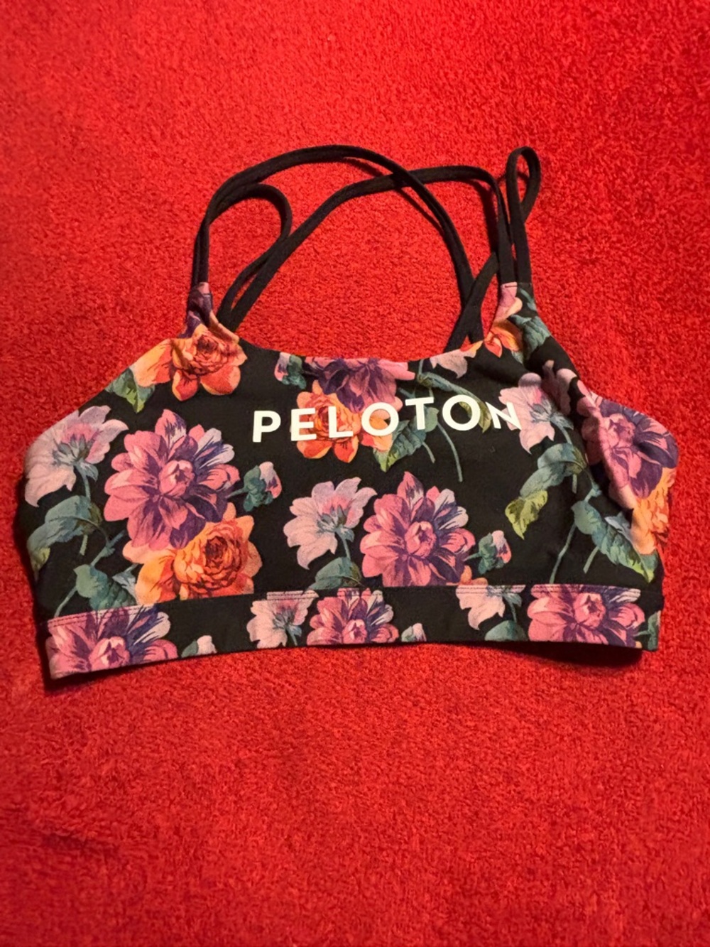 Peloton Black Floral Strappy Sports Bra with Multicolor Blooms. Size XL